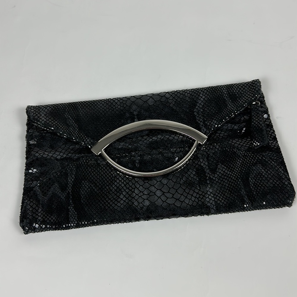 Bebe faux snake skin clutch with silver hardware